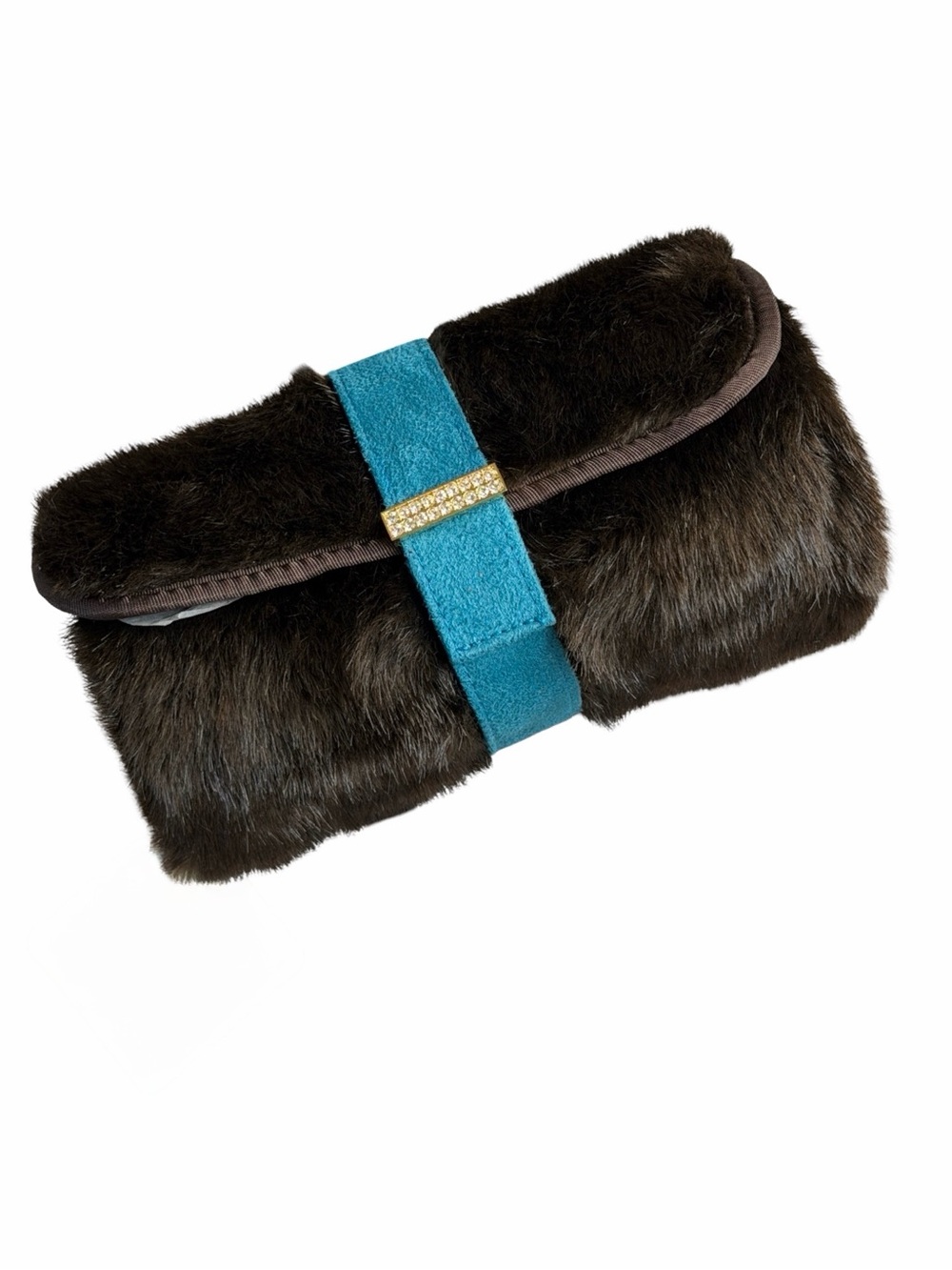 Stephanie Johnson‎ Brown Faux Fur Clutch with Teal Strap and Rhinestone Accent